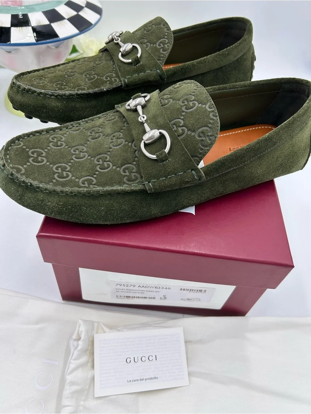 Men's Gucci GG embossed suede driver loafers size 9 fits 9.5 US made in Italy